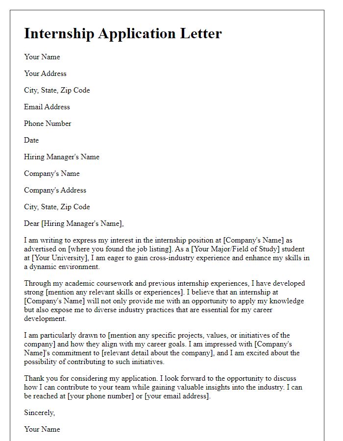 Letter template of internship application for cross-industry experiences.