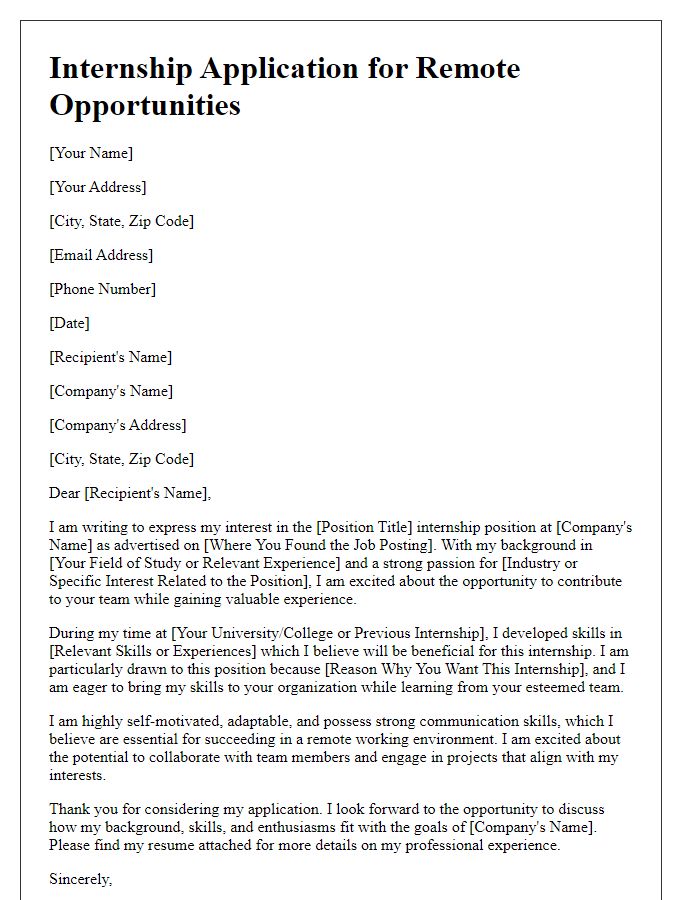 Letter template of internship application for remote opportunities.