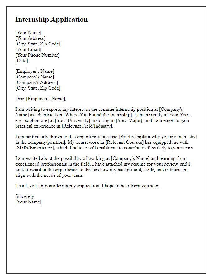 Letter template of internship application for summer positions.