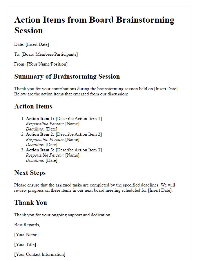 Letter template of action items from board brainstorming session