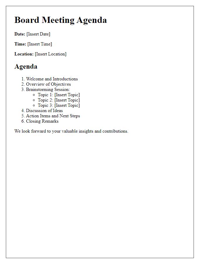 Letter template of agenda for board brainstorming discussion