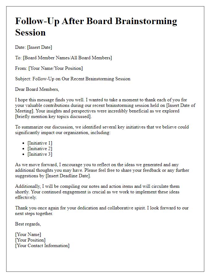 Letter template of follow-up after board brainstorming session