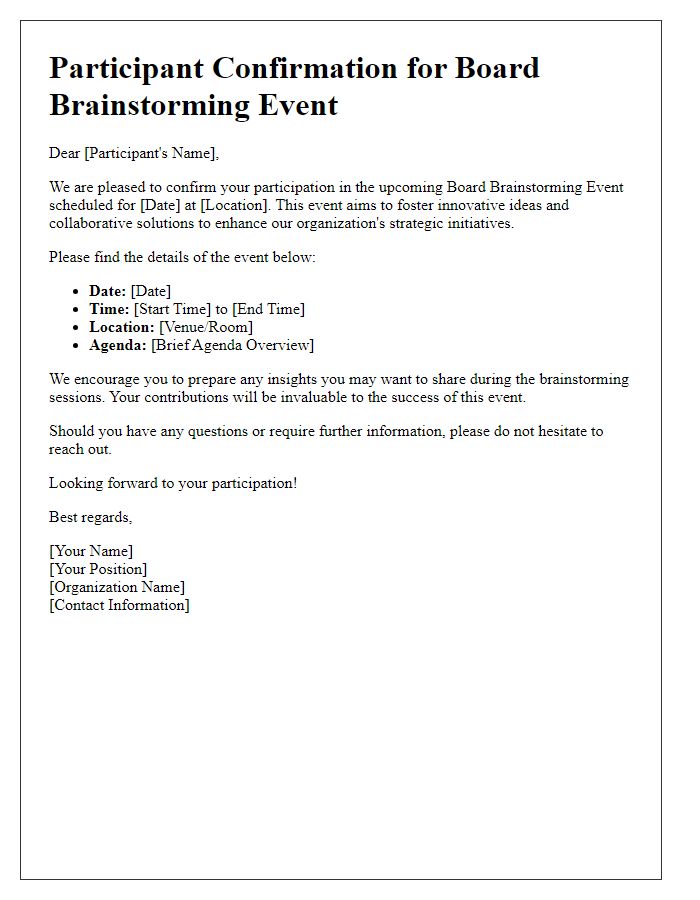 Letter template of participant confirmation for board brainstorming event