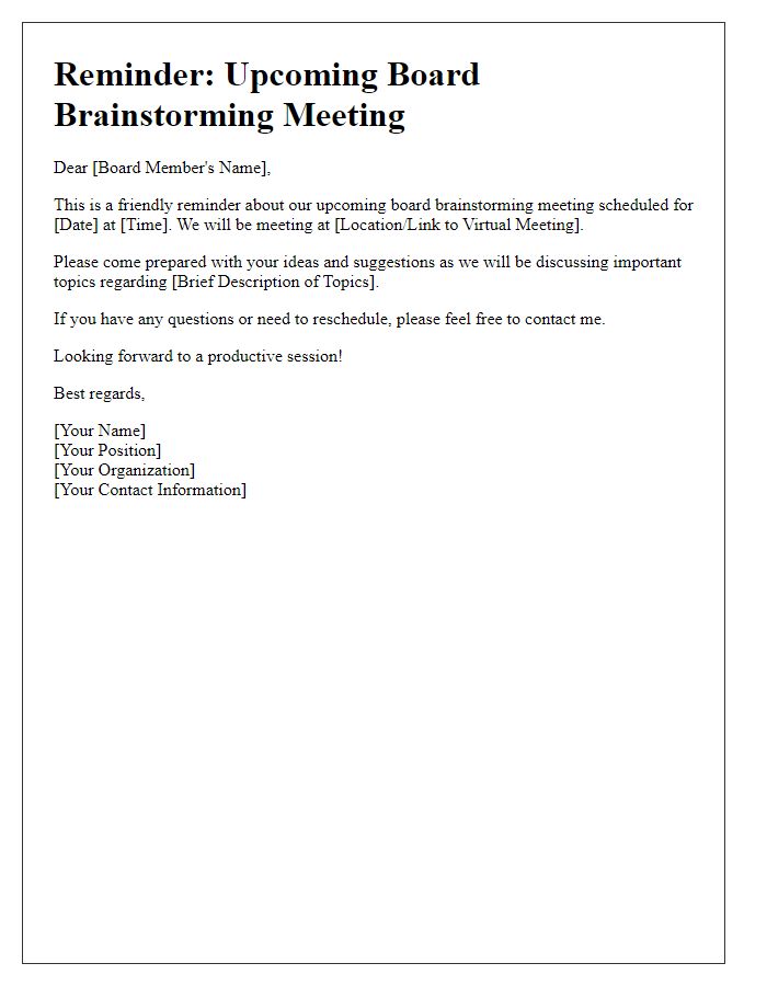 Letter template of reminder for upcoming board brainstorming meeting