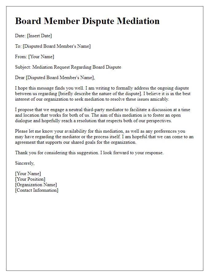 Letter template of board member dispute mediation