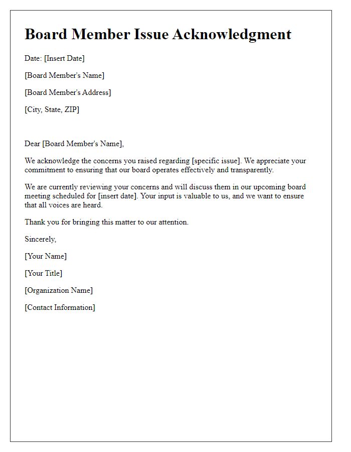 Letter template of board member issue acknowledgment