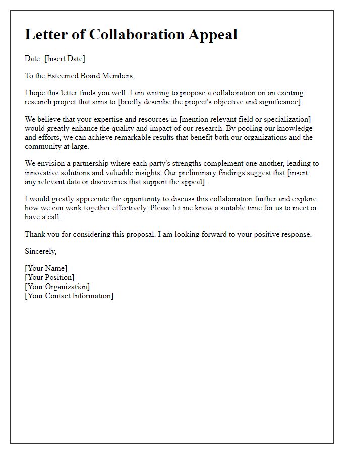 Letter template of research project collaboration appeal to board members