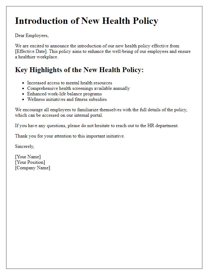 Letter template of new health policy introduction