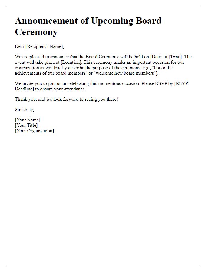 Letter template of announcement for upcoming board ceremony