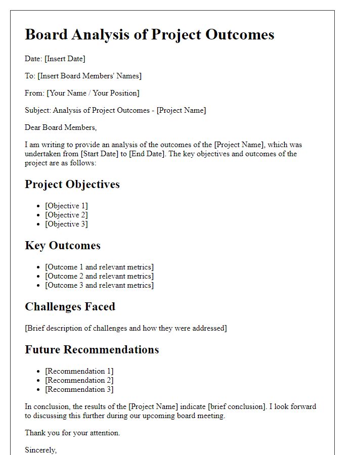 Letter template of board analysis for project outcomes