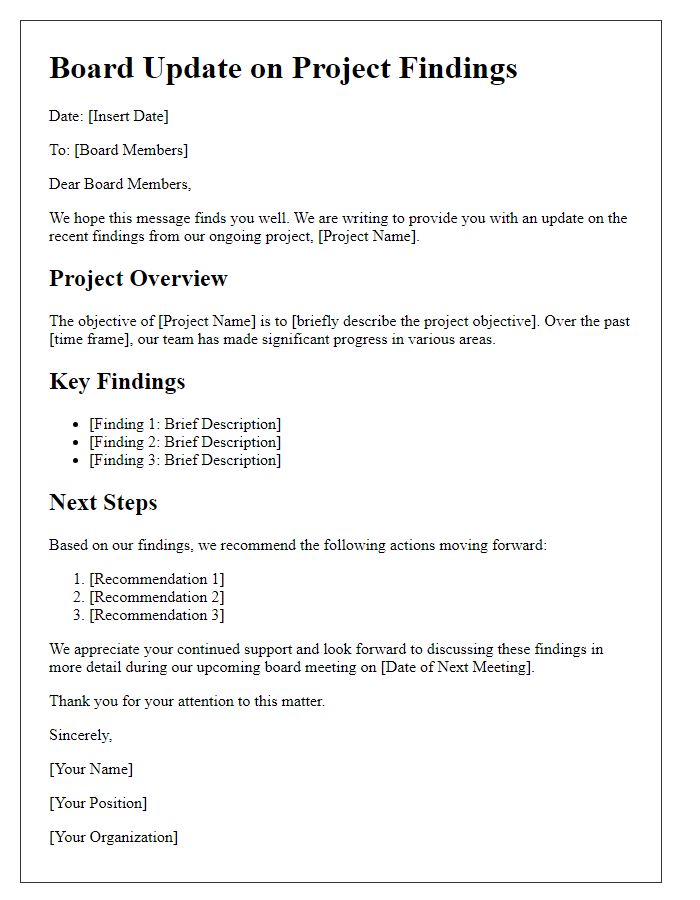 Letter template of board update on project findings