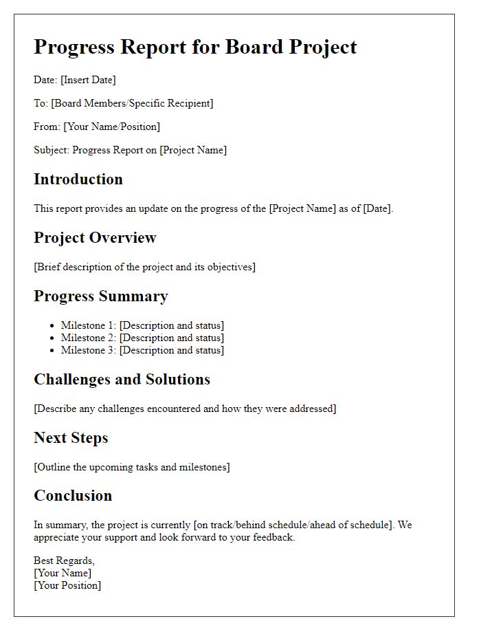 Letter template of progress report for board project