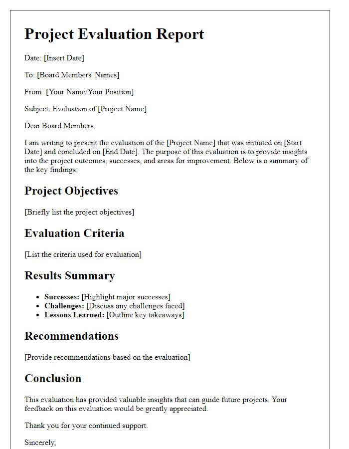 Letter template of project evaluation for board members