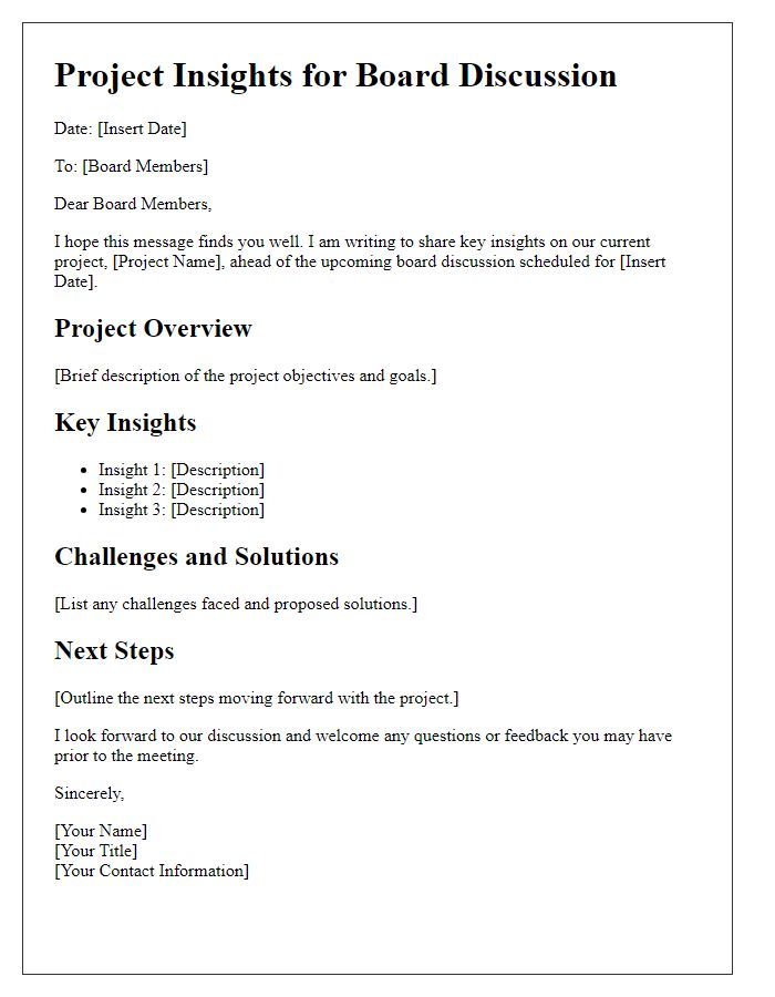 Letter template of project insights for board discussion