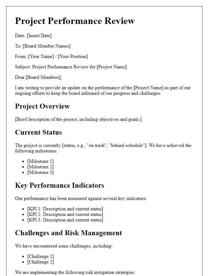 Letter template of project performance review for board