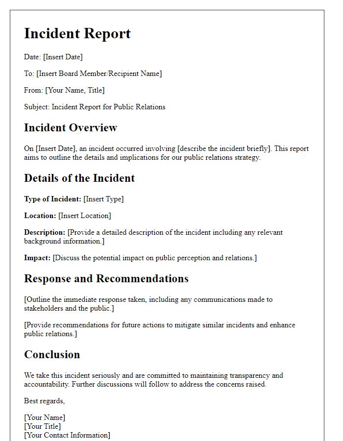 Letter template of board incident report for public relations.