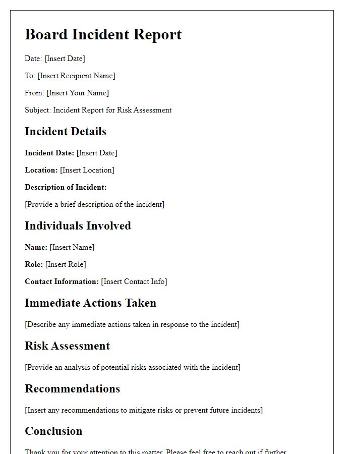 Letter template of board incident report for risk assessment.