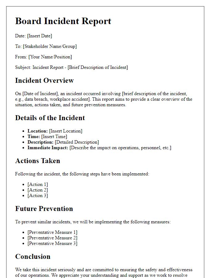 Letter template of board incident report for stakeholder communication.