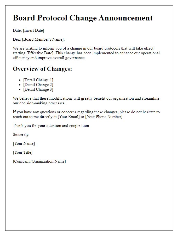 Letter template of board protocol change announcement