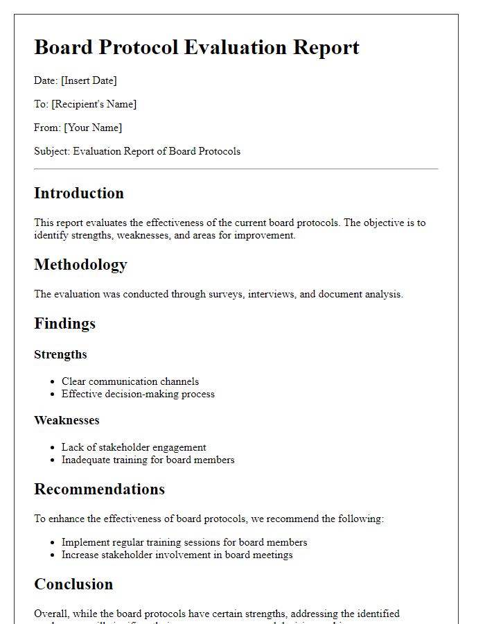 Letter template of board protocol evaluation report