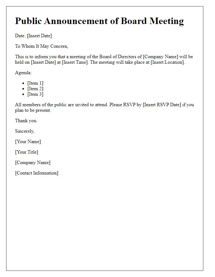 Letter template of board meeting public announcement