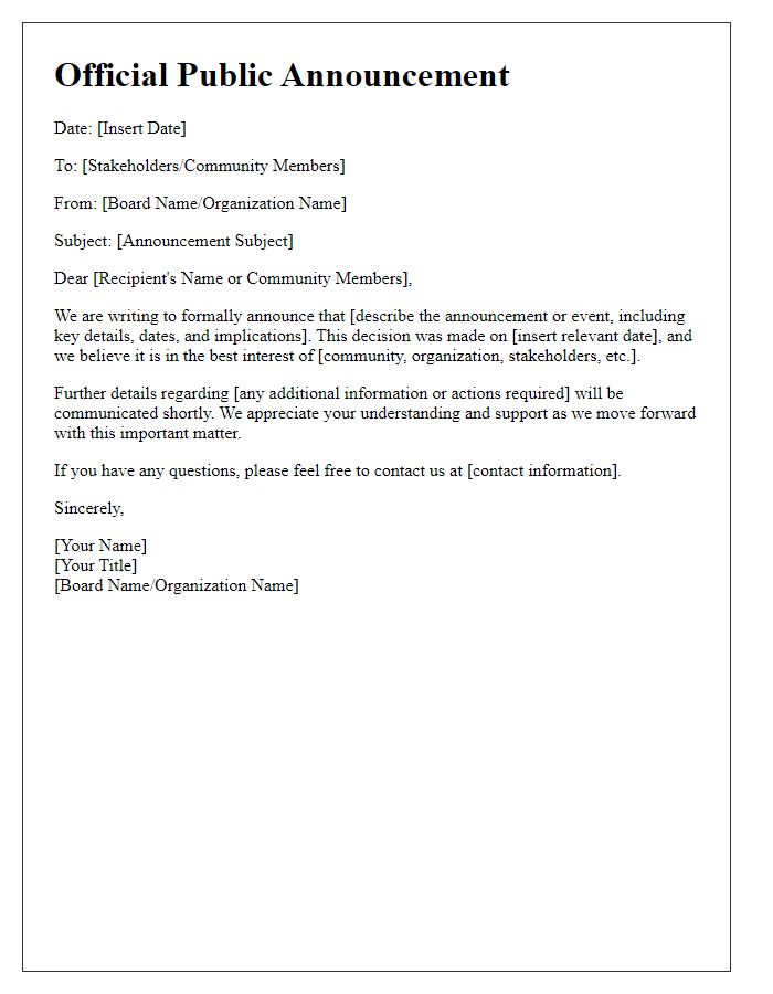 Letter template of official board public announcement