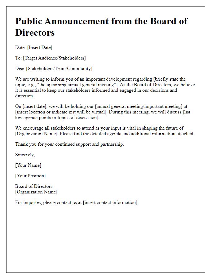 Letter template of public announcement from the board of directors