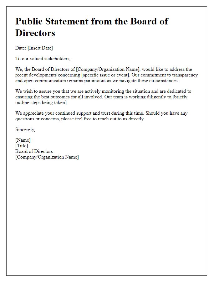 Letter template of public statement from the board